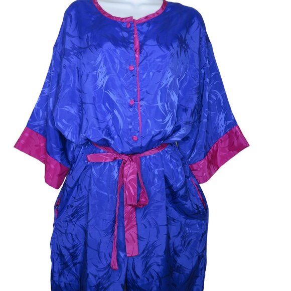 Vintage 80s Jumpsuit Womens Pink Purple Taper Leg Pockets Tie Belt Button Front - Picture 6 of 13